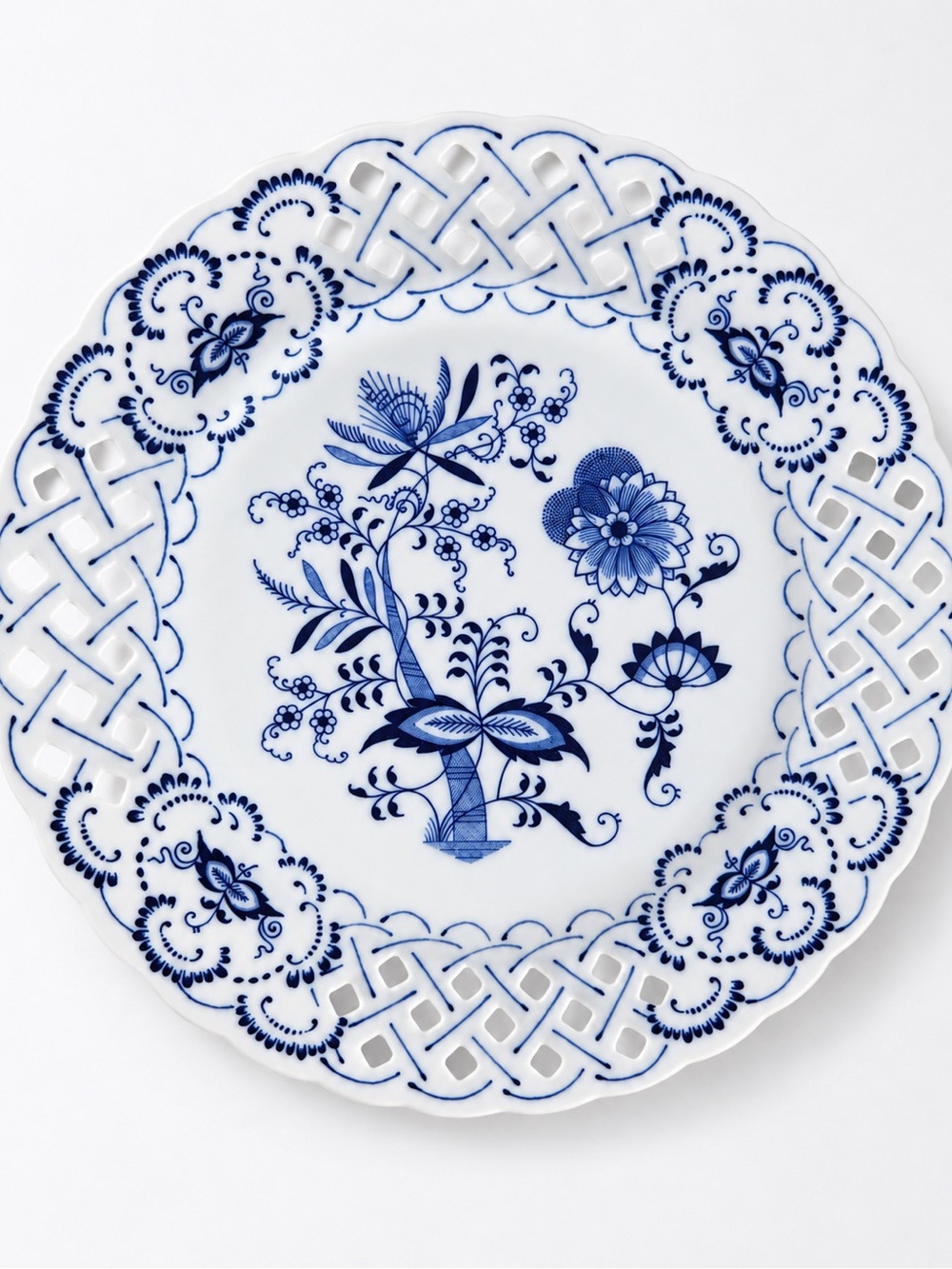 Vintage Blue Danube Japan Pierced Pedestal Cake Stand Blue White Porcelain